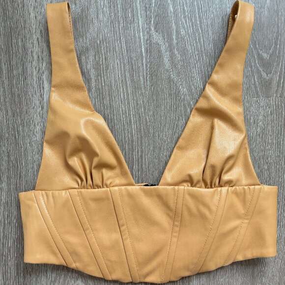 Zara Top Womens Medium Camel Cropped Faux Leather Corset Festival Feminine‎ Edgy - Picture 4 of 6